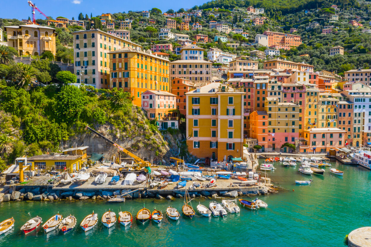 Camogli,Marina,Aerial,View.,Boats,And,Yachts,Moored,In,Harbor